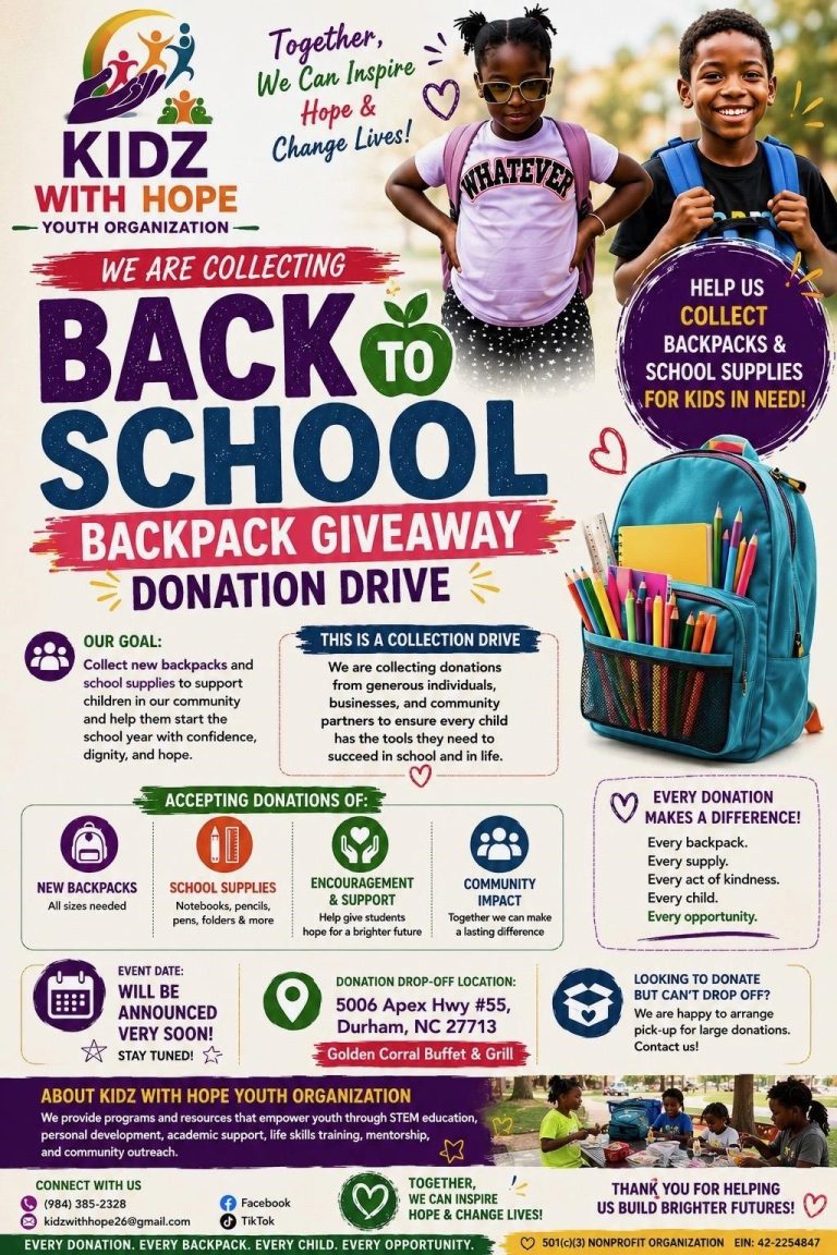 Kidz With Hope – Back-to-School Backpack Giveaway Donation Drive